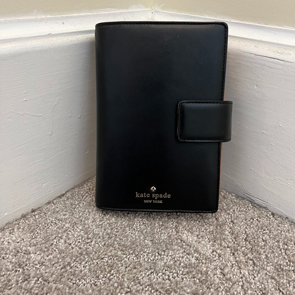 kate spade, black leather, planner/journal